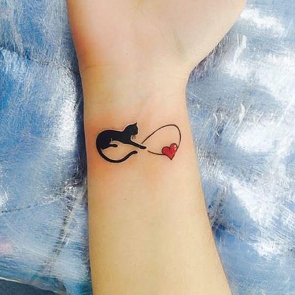 Black cat and red heart infinity wrist tattoo