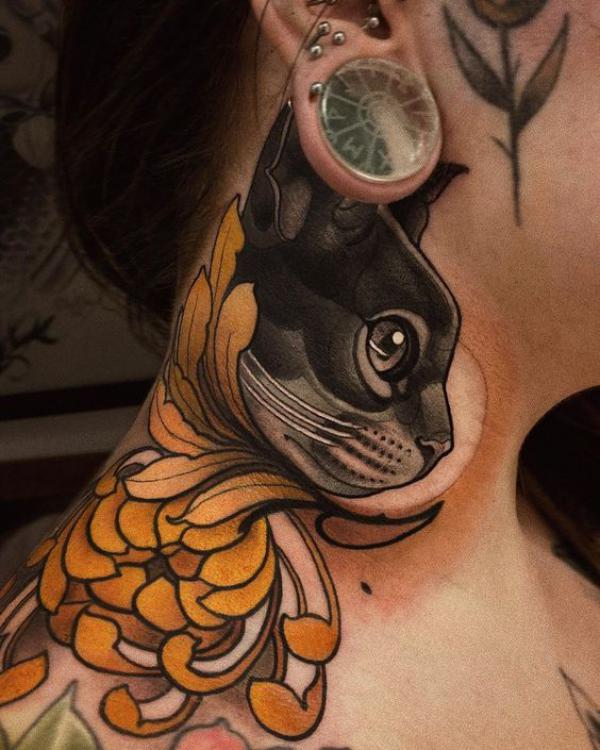 Black cat with chrysanthemum tattoo