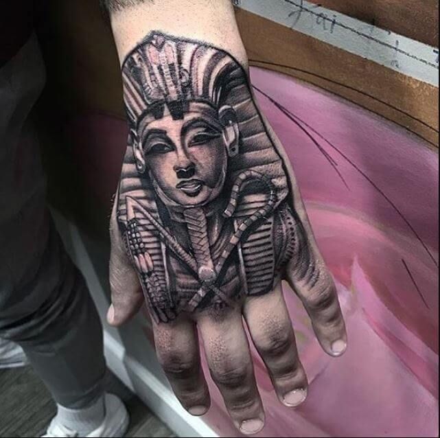 Blackwork King Tut hand tattoo