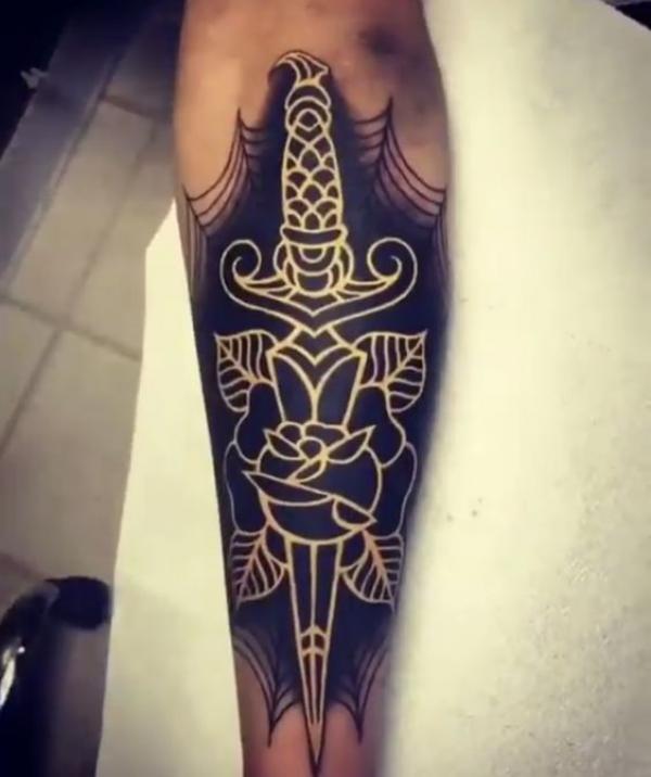Blackwork spider web with rose and dagger outline