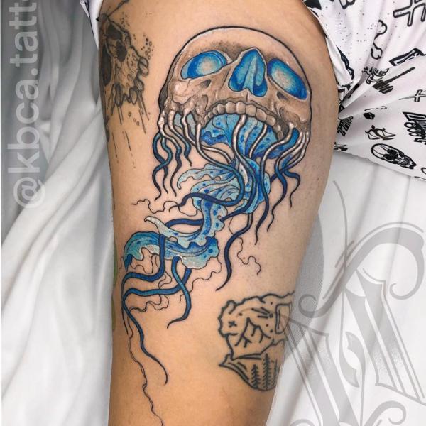 Blue and grey jellyfish skull tattoo