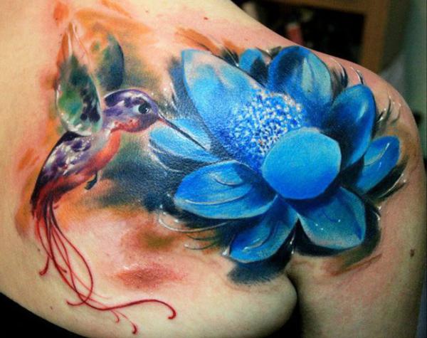Blue lotus and hummingbird tattoo