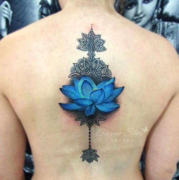 Blue lotus and mandala lotus spine tattoo