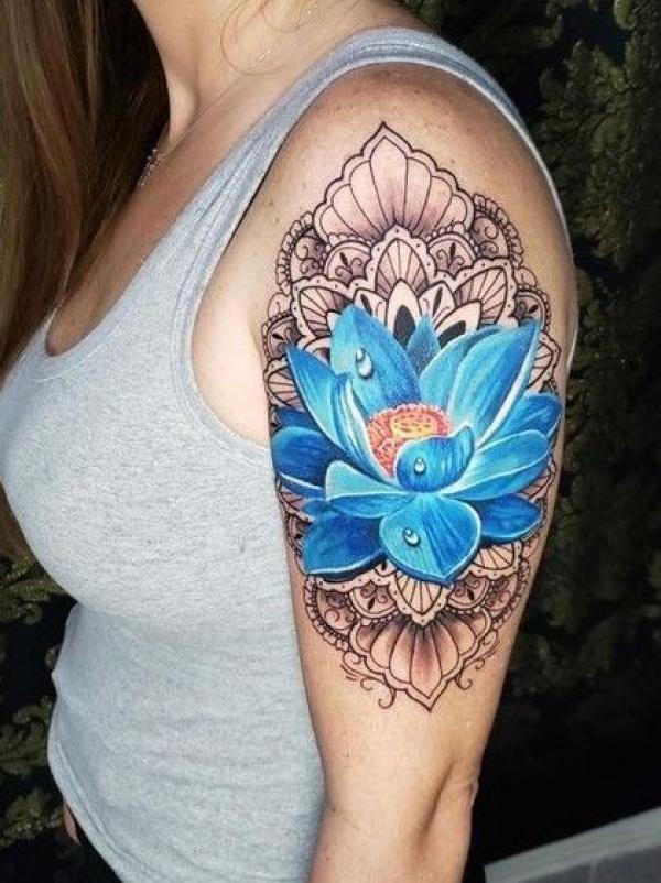 Blue lotus and mandala tattoo