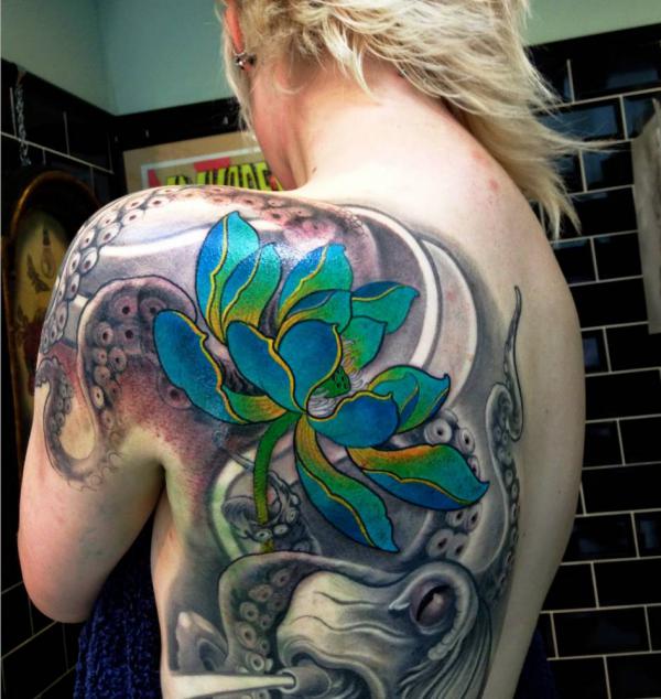 Blue lotus and octopus tattoo