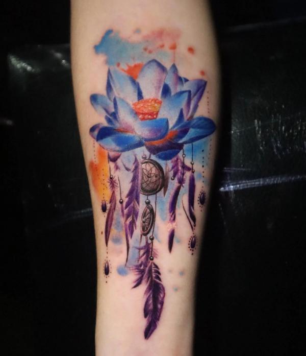 Blue lotus dream catcher tattoo