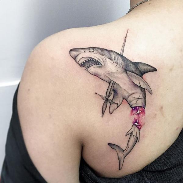 Broken shark hit with harpoon shoulder blade tattoo