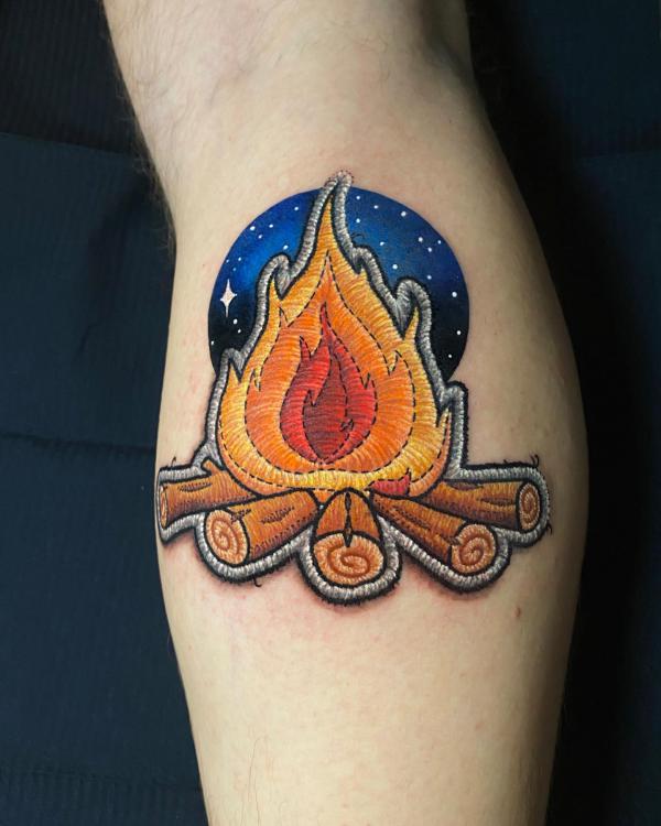 Campfire and moonlit patch tattoo