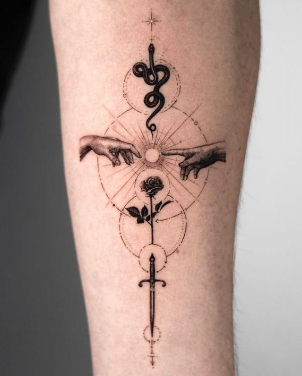 Celestial Adam hands with snake rose and sword tattoo