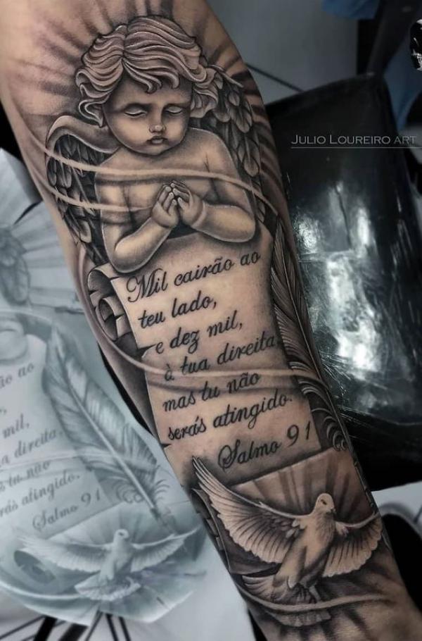 Cherub and bible verse with dove tattoo