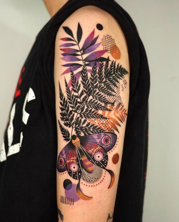 Colorful fern and butterfly tattoo