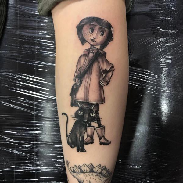 Coraline and black cat tattoo