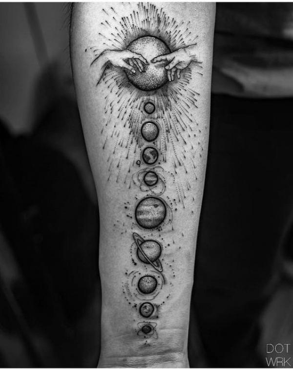 Creation of Adam and solar system tattoo