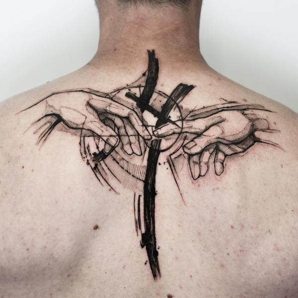 Creation of Adam drawing tattoo Adam hands with Fibonacci Sequence curve and brush strokes