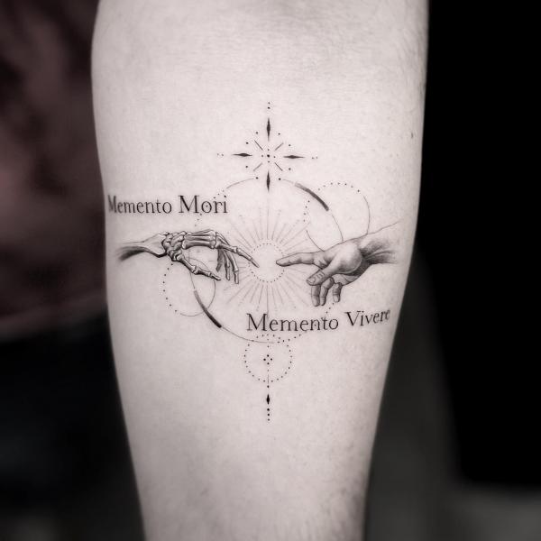 Creation of Adam with skeleton hand and words Memento Mori and Mermento Vivere