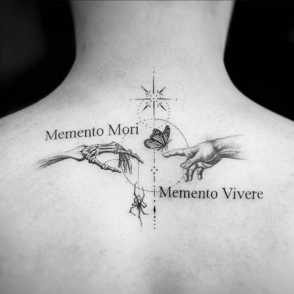Creation of Adam with skeleton hand butterfly spider and words Memento Mori and Mermento Vivere
