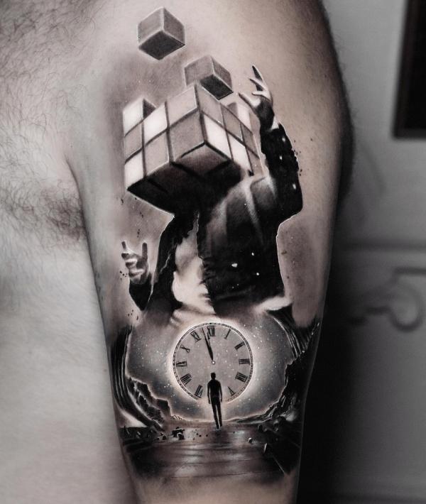 Cubehead man and clock tattoo