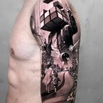 Cubehead man half sleeve tattoo