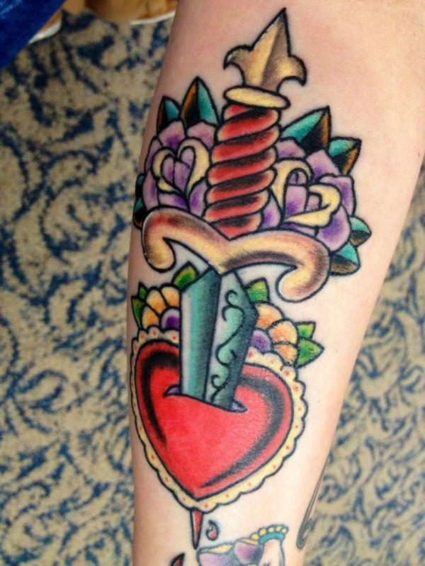 Dagger and heart with purple rose