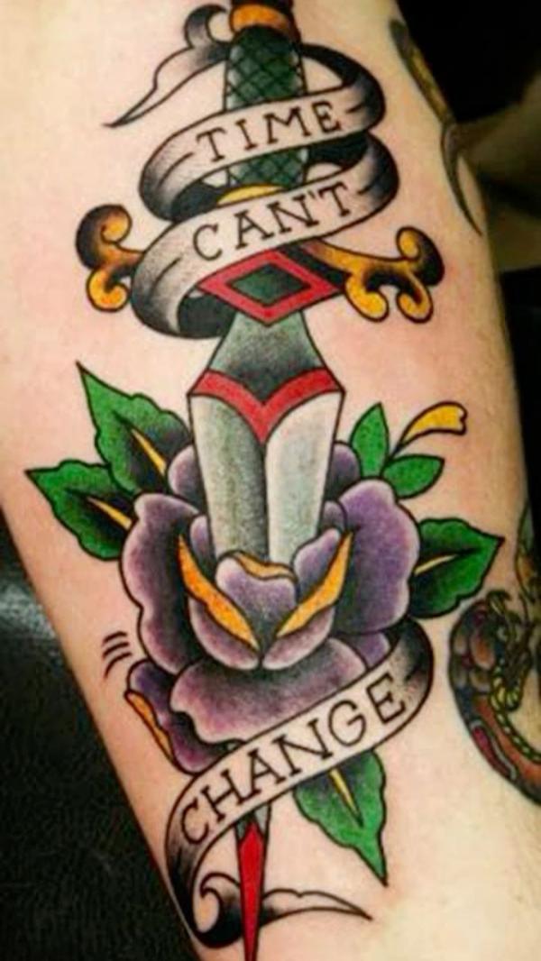 Dagger and purple rose tattoo with quote Time Cant Change