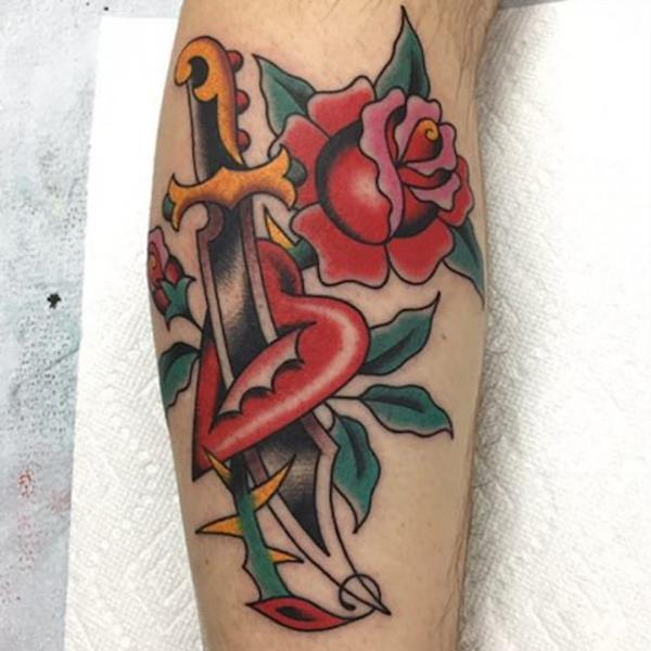 Dagger heart and rose with thorns tattoo