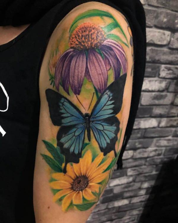 Daisy blue butterfly and sunflower tattoo