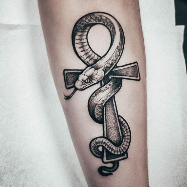 Dotwork Ankh and snake tattoo
