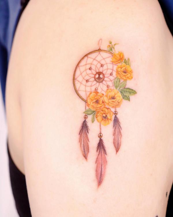 Dreamcatcher with yellow rose tattoo