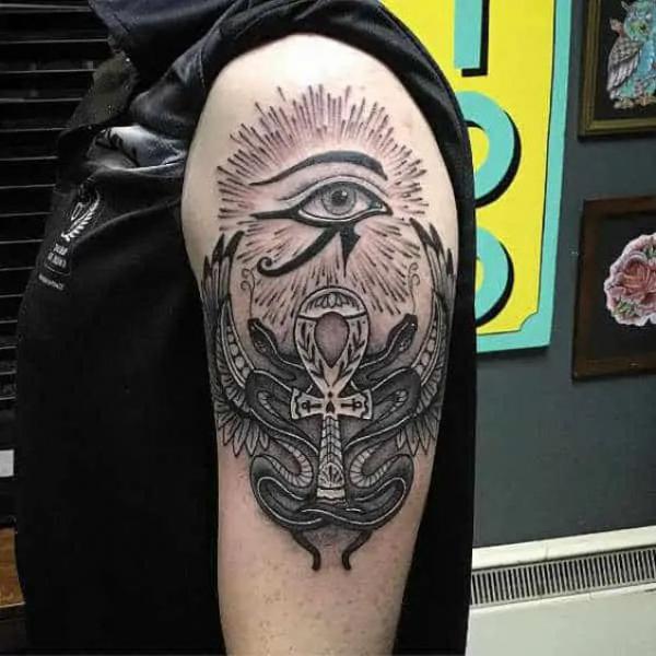Eye of Ra and Ankh with snake tattoo