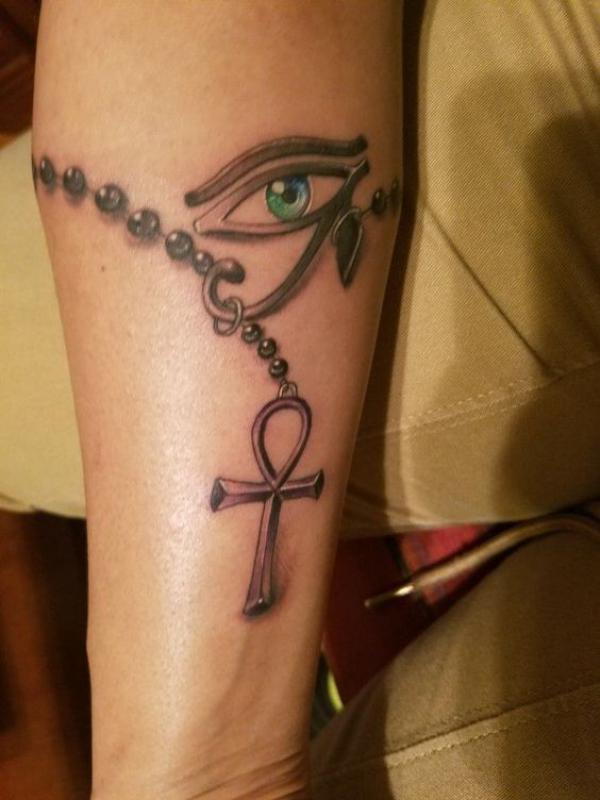 Eye of Ra and rosary with Ankh cross tattoo