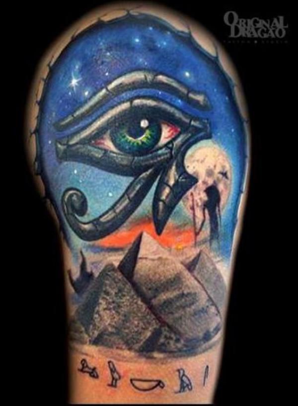 Eye of Ra in starry sky and Pyramids tattoo