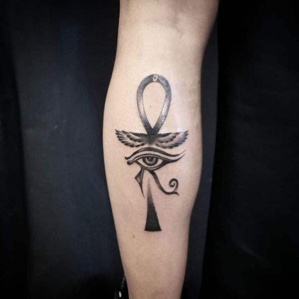 Eye of horus and Ankh with wing tattoo