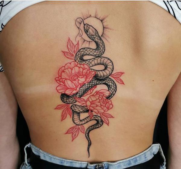 Fine line rose and snake tattoo on the back