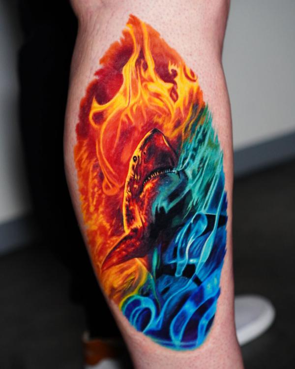 Flaming shark tattoo