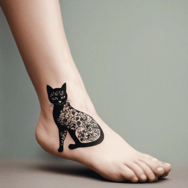 Floral black Cat ankle tattoo