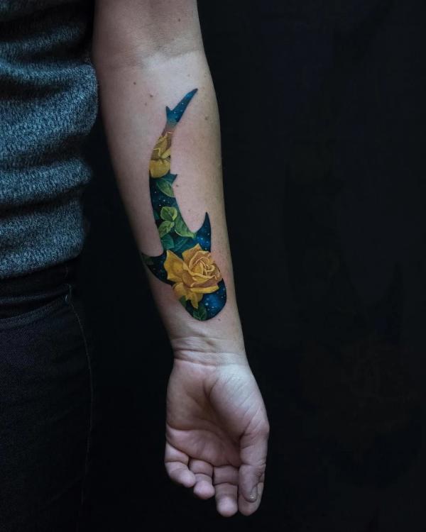 Floral shark tattoo forearm