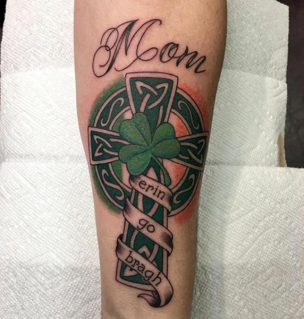 Four leaf clover and cross tattoo for Mom