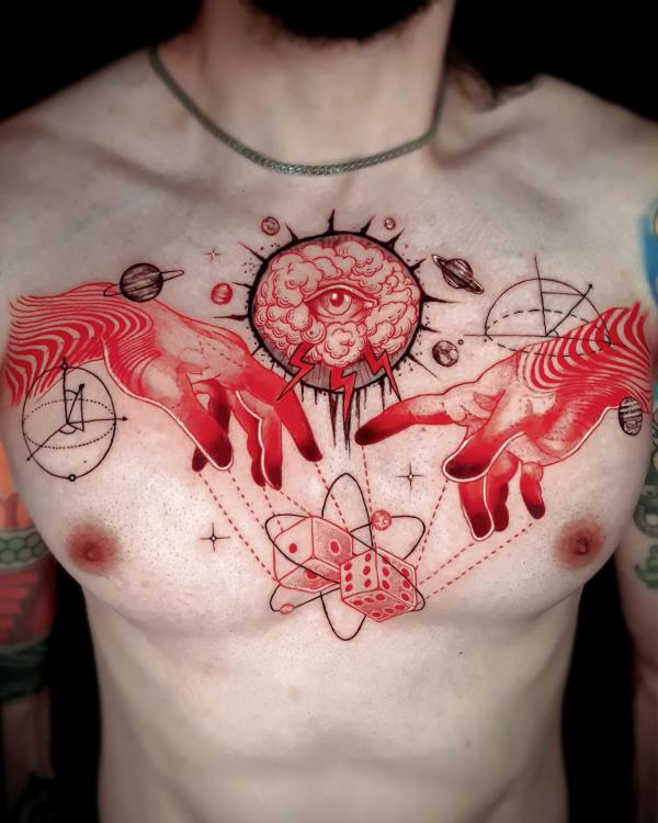 Geometric Adam hands with eye lightning bolt and dice tattoo