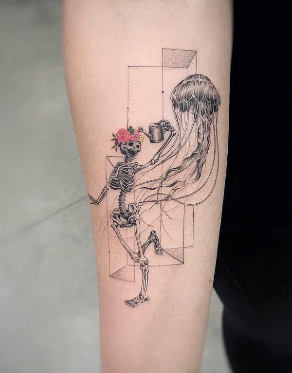 Geometric jellyfish and skeleton tattoo