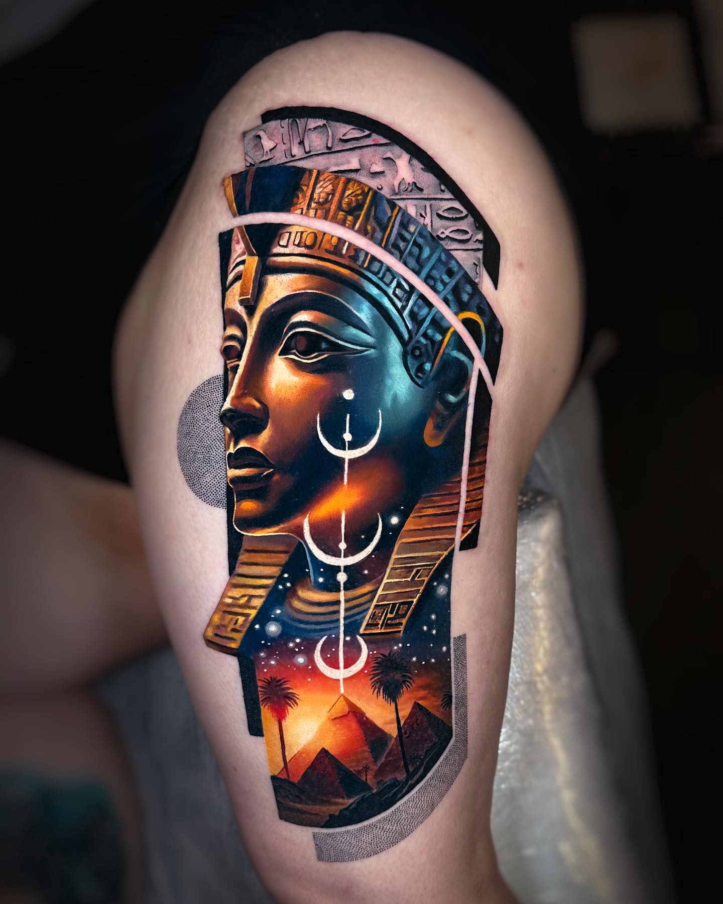 Golden King Tut and Pyramids thigh tattoo