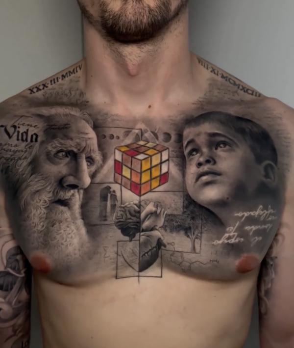 Grandfather and grandson with a Rubiks Cube chest tattoo