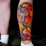 Grape and owl with maple fall tattoo