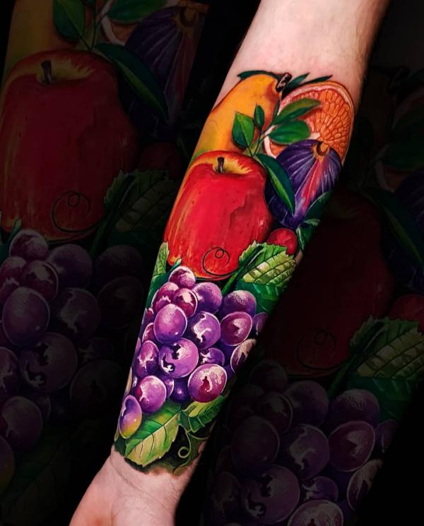 Grape with fruits and vegetables forearm tattoo
