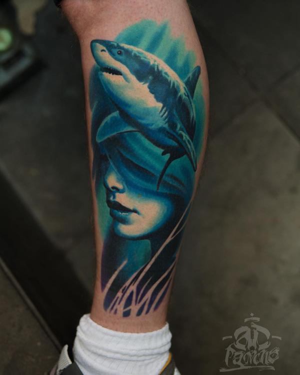 Great white shark and female face