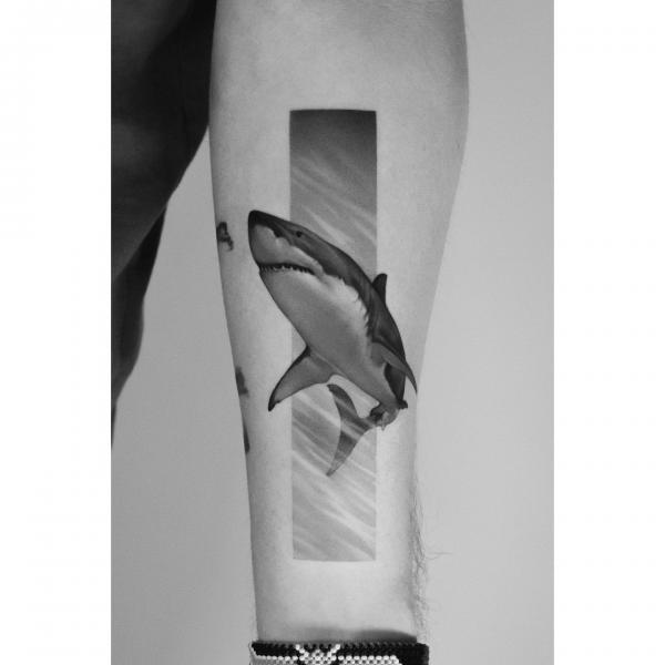 Great white shark rectangular tattoo black and white