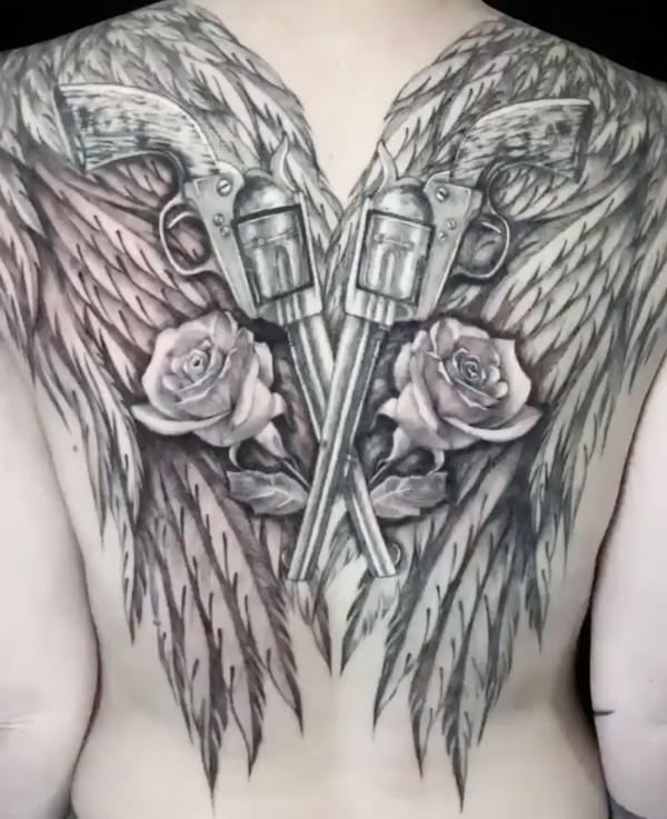 Greyscale pistol and rose on wings