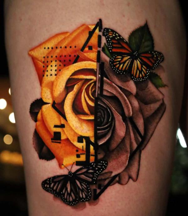 Half dark half yellow rose with butterfly