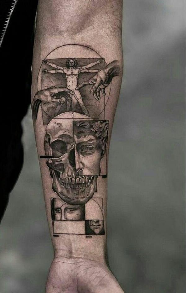 Half face skull with Vitruvian man and Adam hands forearm tattoo