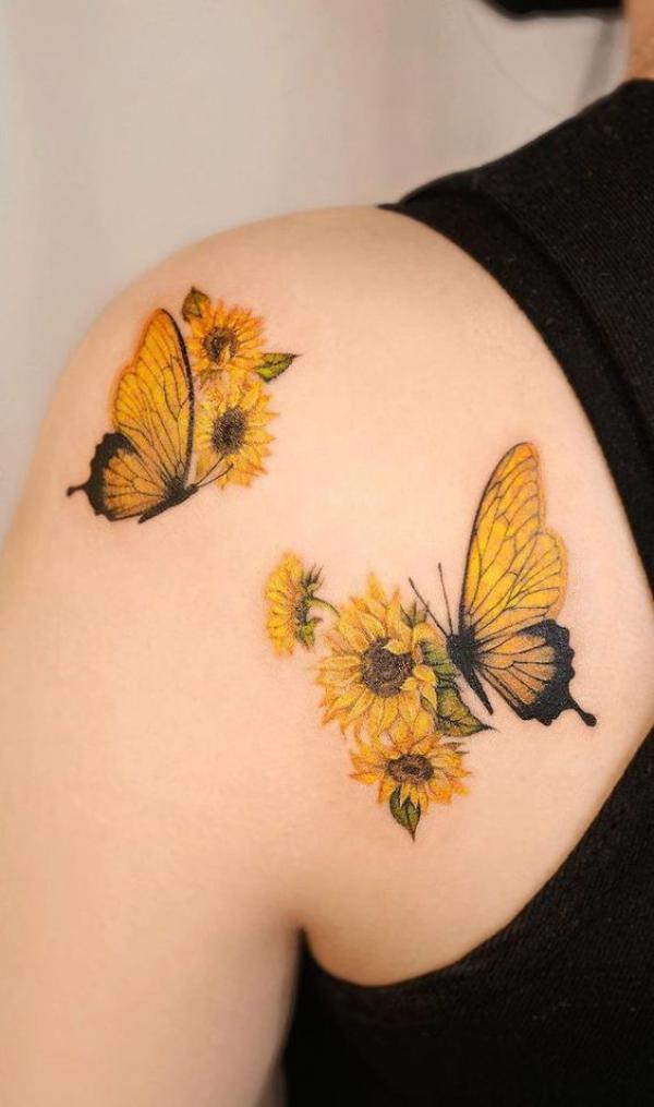 Half sunflower and half butterfly tattoo