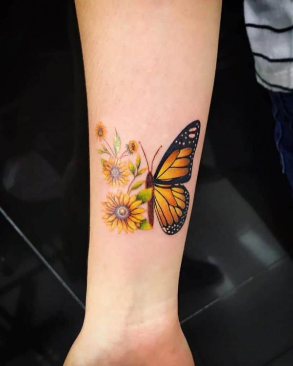 Half sunflowers half monarch butterfly